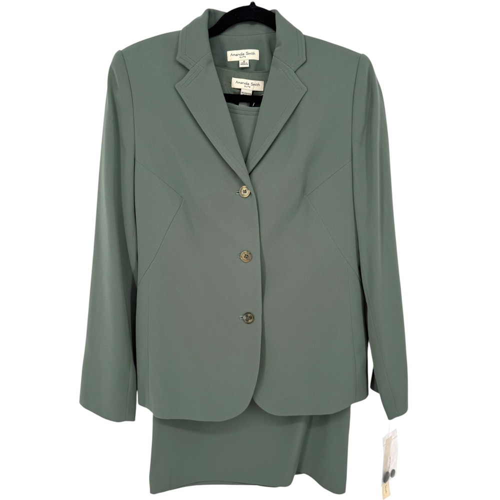 NWT Amanda Smith Womens 3 Piece Skirt Suit Set Sage Green Blazer Top Skirt Sz 8